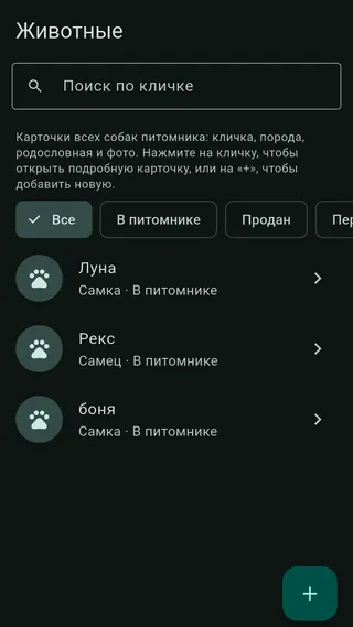 Список собак питомника с фотографиями и основными данными