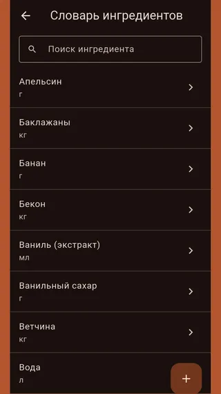 Словарь ингредиентов с единицами измерения и калорийностью
