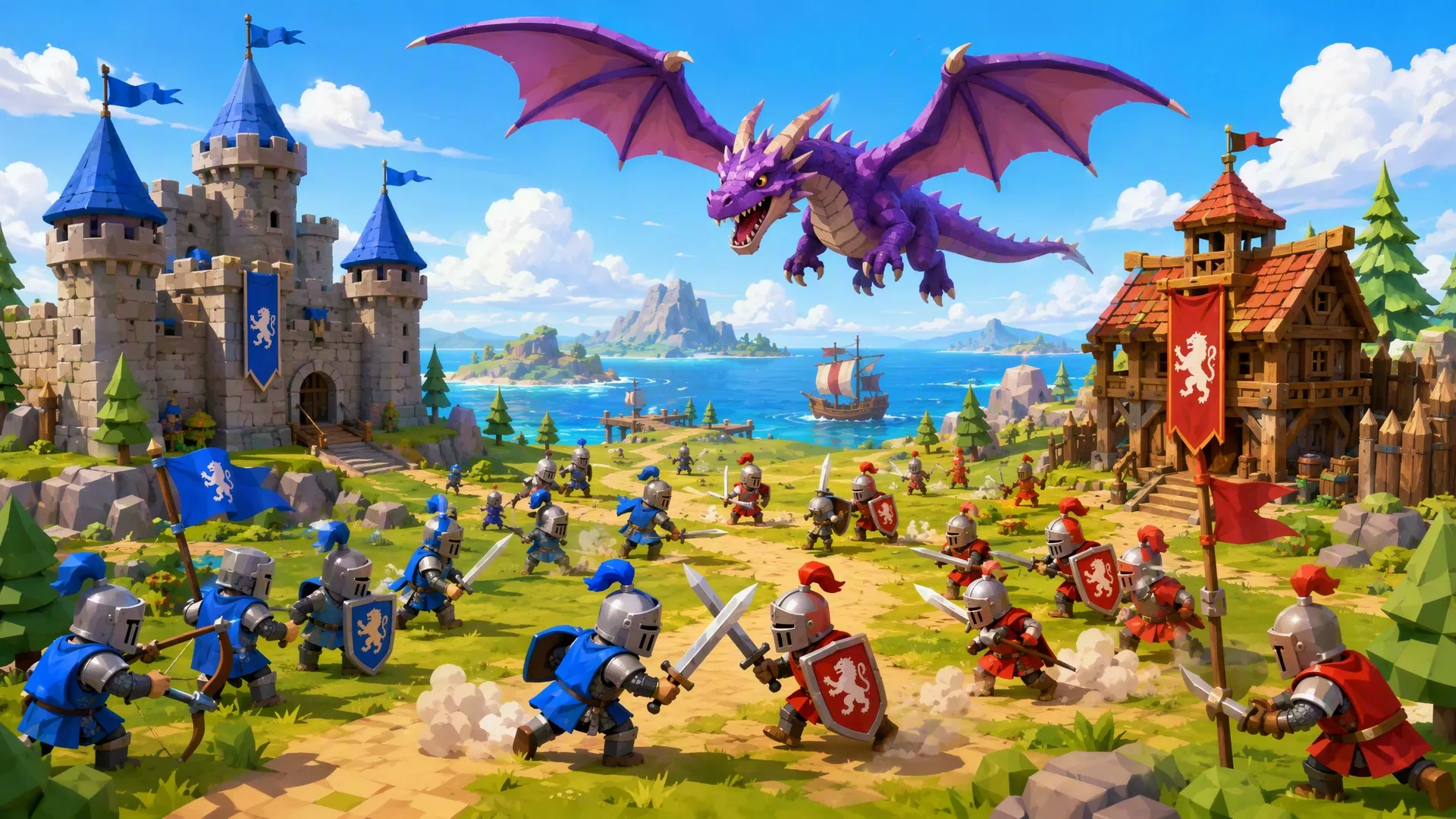 Blue and red knights clash on an isle while a dragon flies over the battlefield